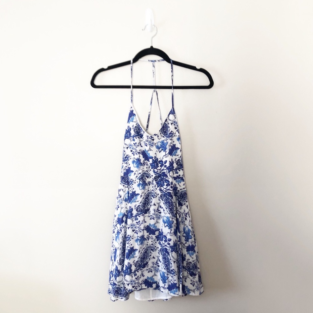Lulu's Blue White Paisley Print Slip Skater Dress